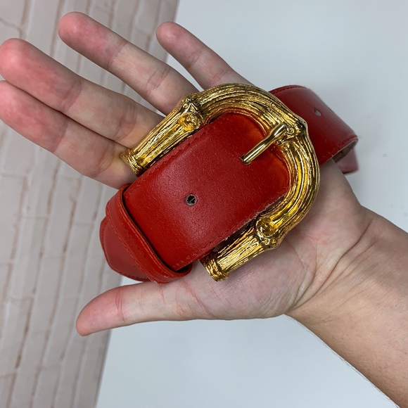 Crown Pacific Accessories - Red & Gold Gucci Horsebit Leather Belt Women's M